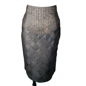 Vtg Cache Silk Mini Pencil Skirt 4 Basketwoven Tucked Distressed Metallic Lux